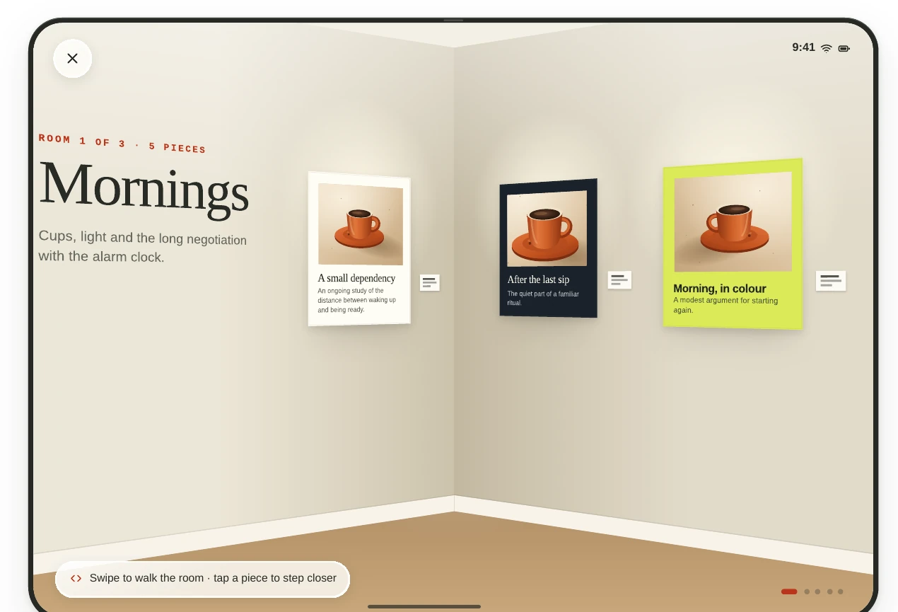 Concept mockup of the Exhibit gallery displayed flat on iPhone Duo, with framed photographs on two illustrated walls