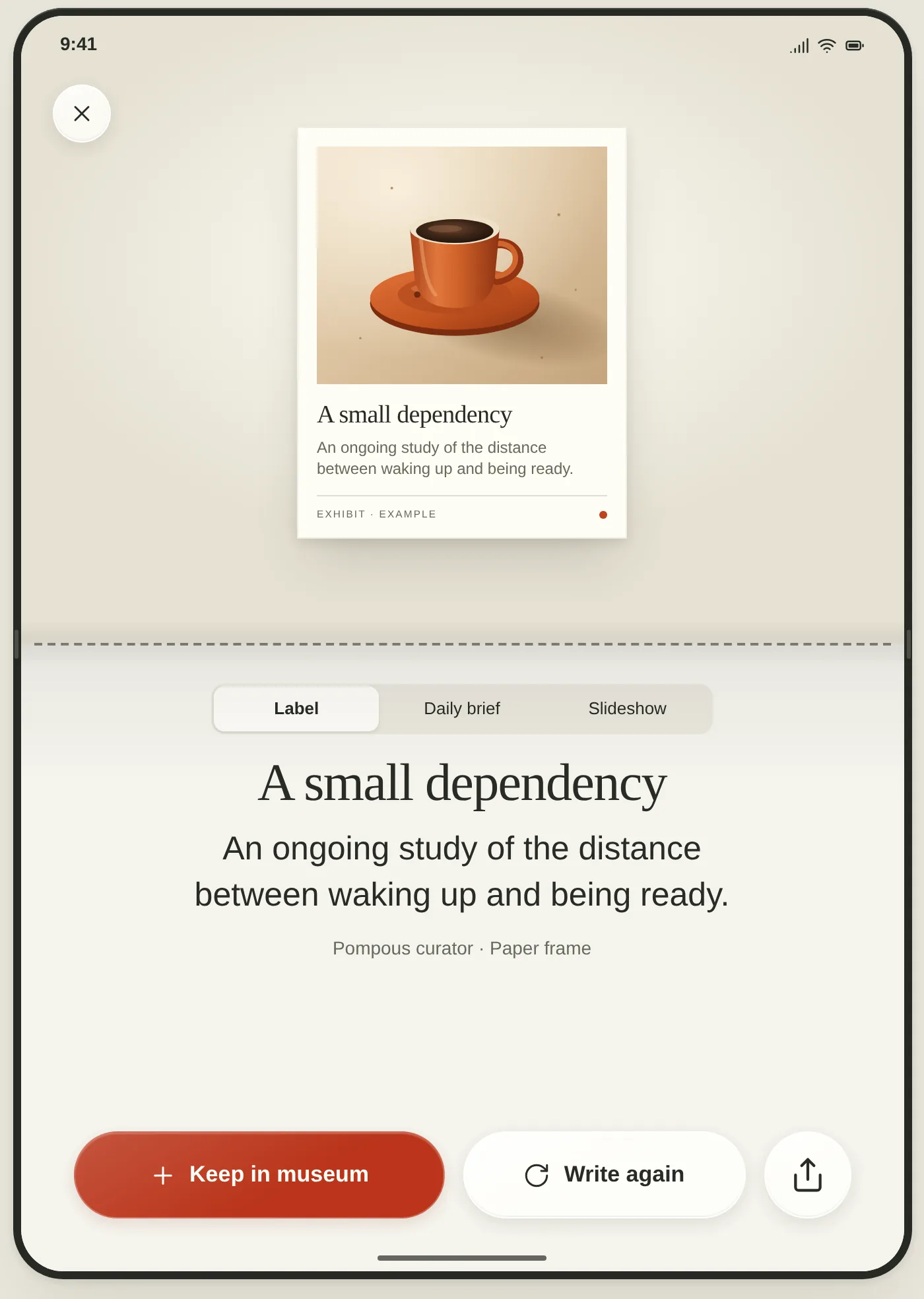 Design mockup of iPhone Duo half folded on a table: a framed photograph on the upper half and its museum label in large type on the lower half