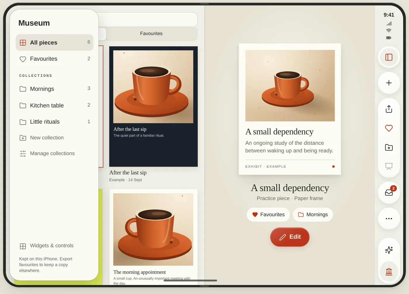 Design mockup of the Exhibit museum on the open iPhone Duo: collections in a sidebar, a grid of framed pieces and one piece shown large