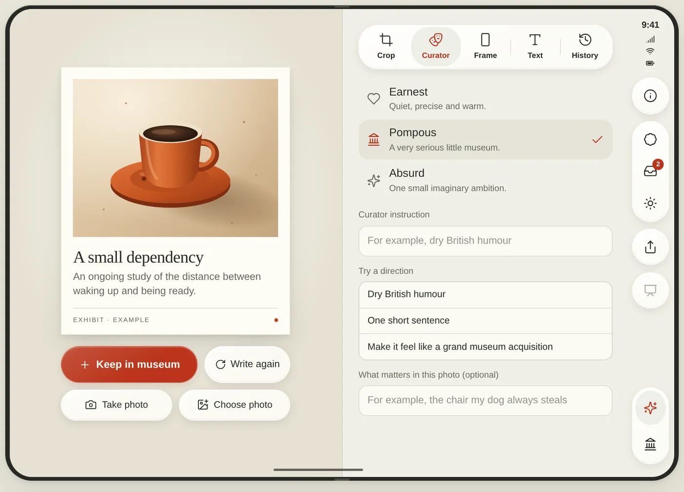 Design mockup of Exhibit on the open iPhone Duo: a framed photograph of a coffee cup on the left half, the curator tool open on the right half