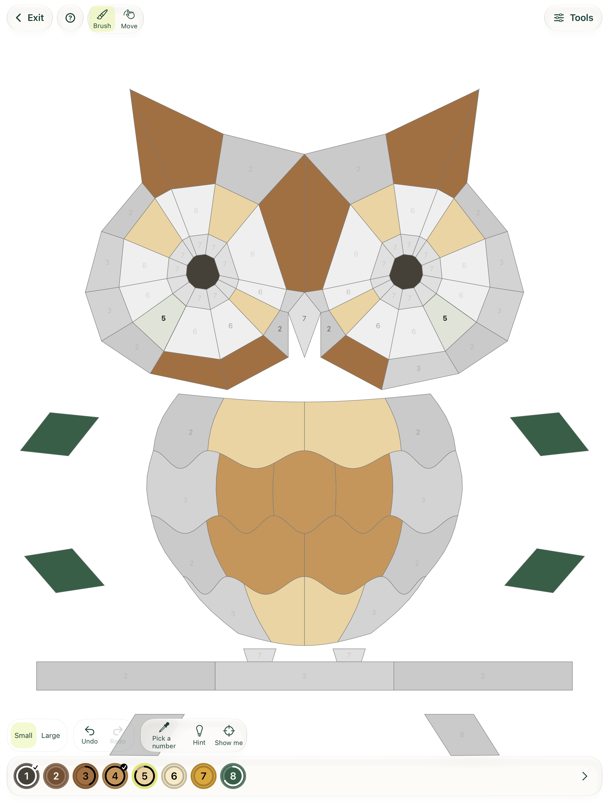 Fableleaf development build on iPad: a partly coloured woodland owl in Numbered Shapes, with numbered regions and a numbered palette.