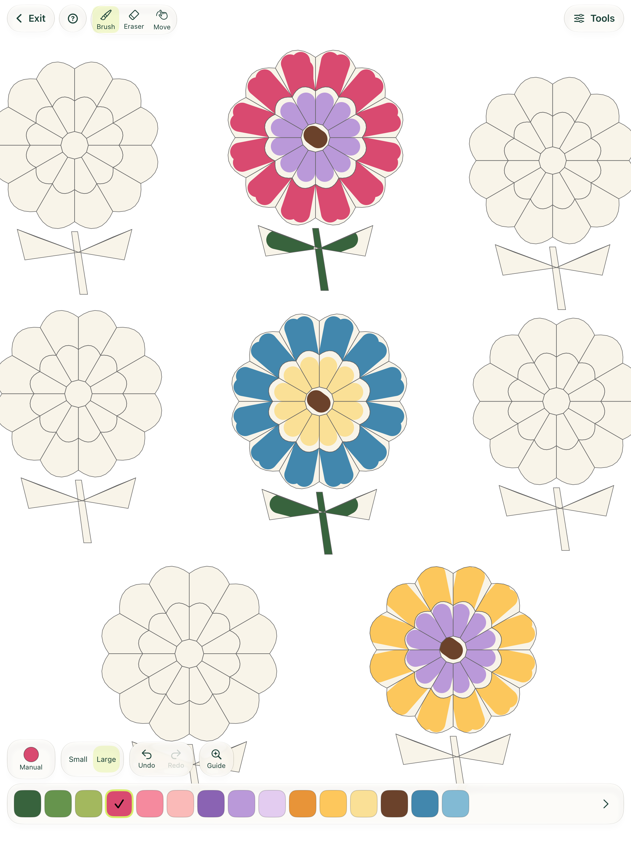Fableleaf development build on iPad: a partly coloured flower garden in Free Shapes, with chosen pink, blue, yellow, purple and green colours.
