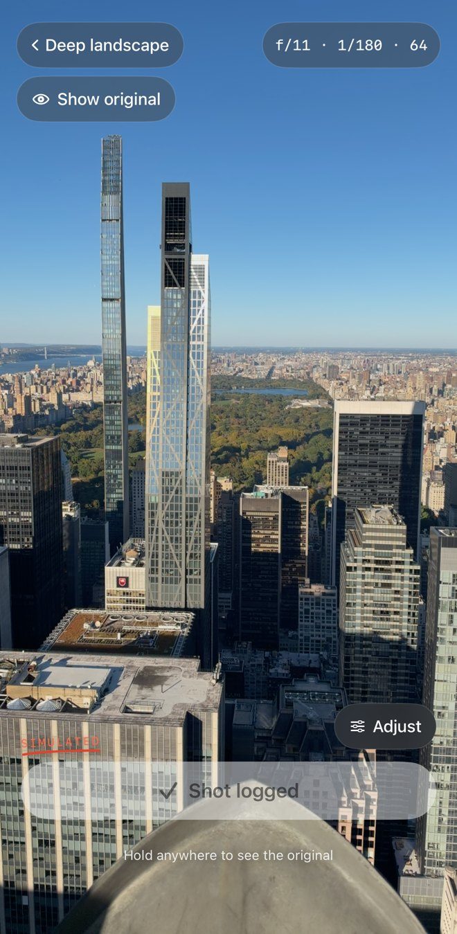 Obtura simulated preview of the Central Park view at f/11, 1/180, ISO 64, marked Simulated