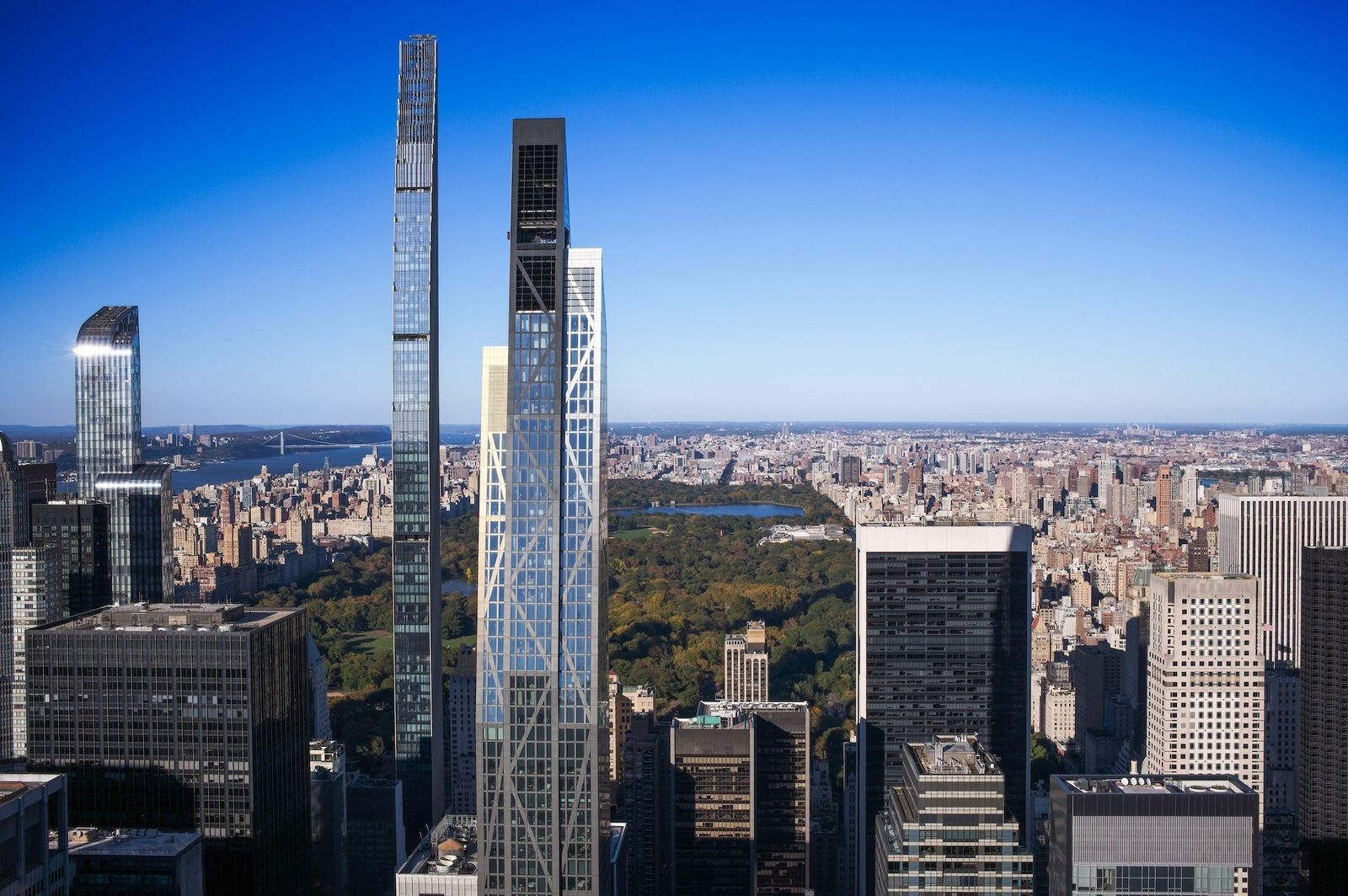 Central Park and the Midtown towers seen from Top of the Rock under a clear blue sky