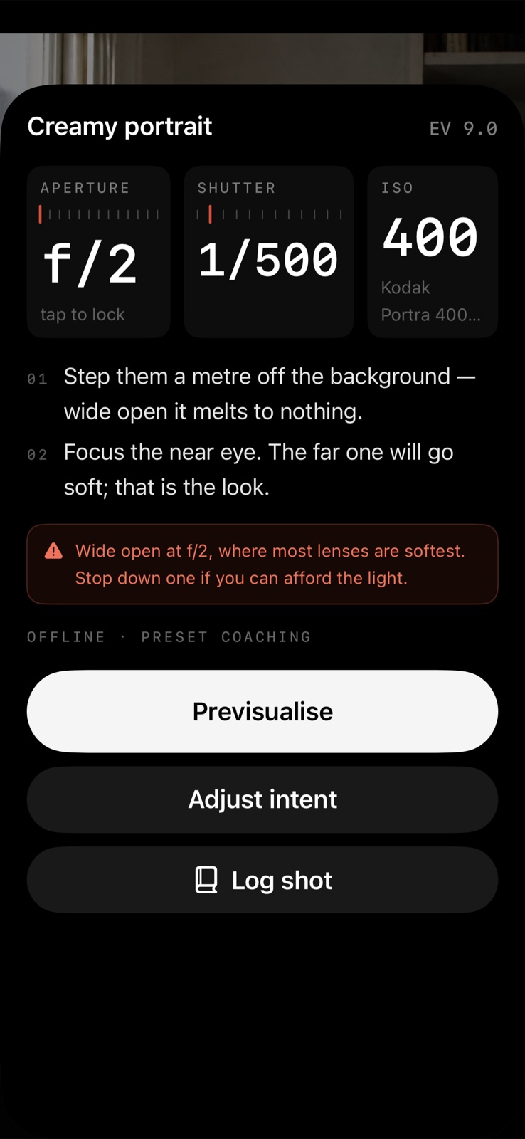 Obtura coaching screen with camera settings, preset technique advice and the Previsualise action.