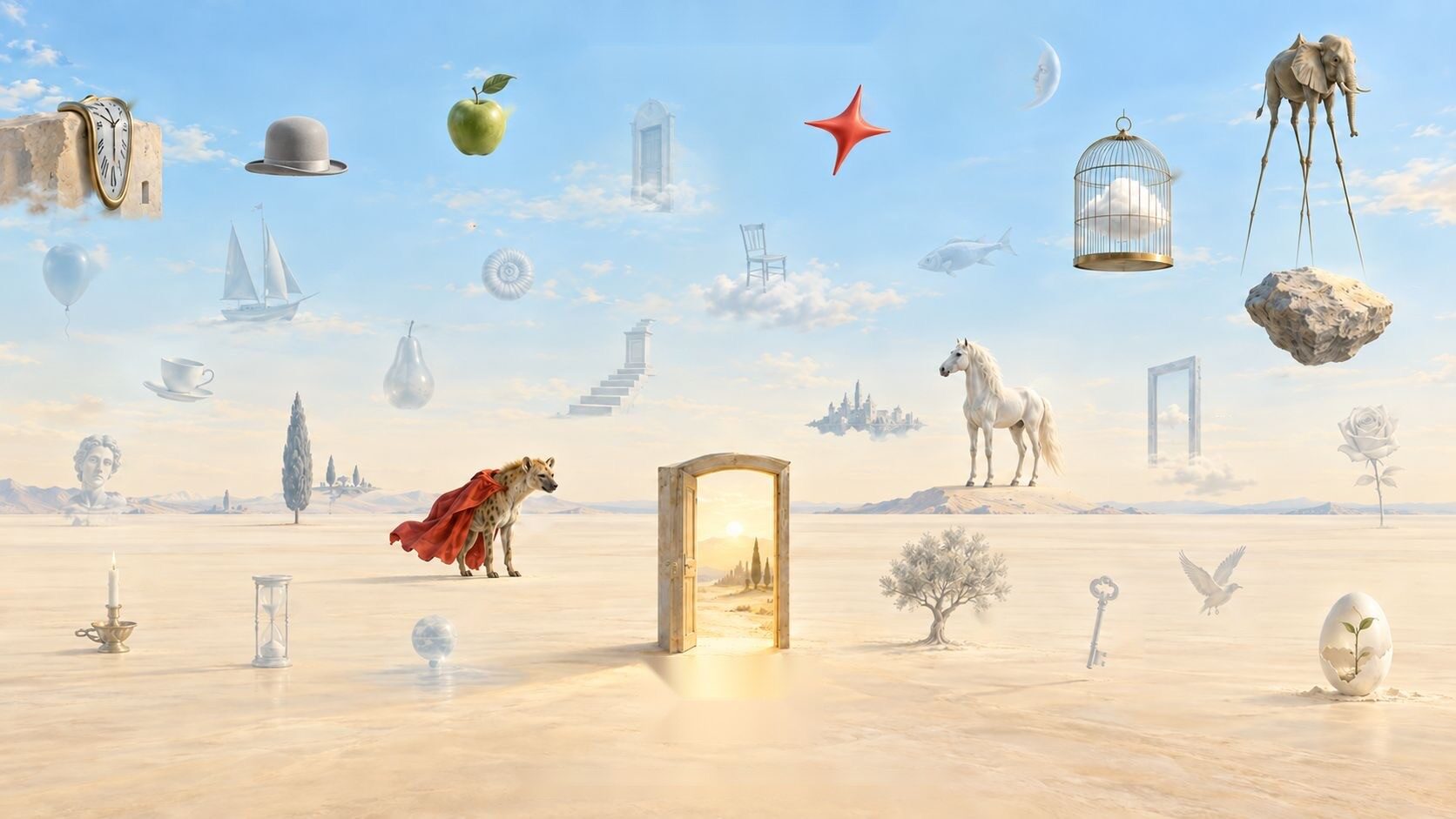 A painted surrealist world: objects floating over a pale desert around a single glowing open door.